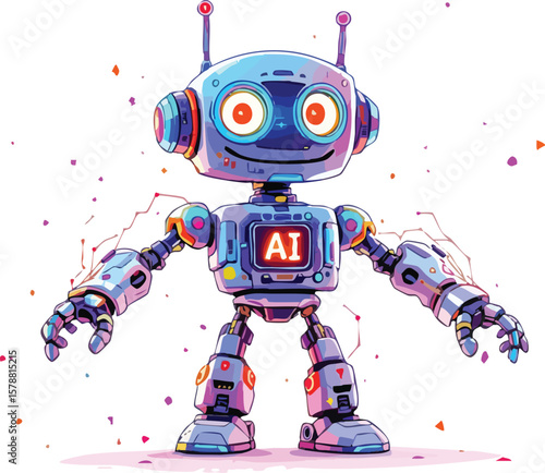Playful cartoon illustration of a friendly ai robot with antennae and futuristic design.