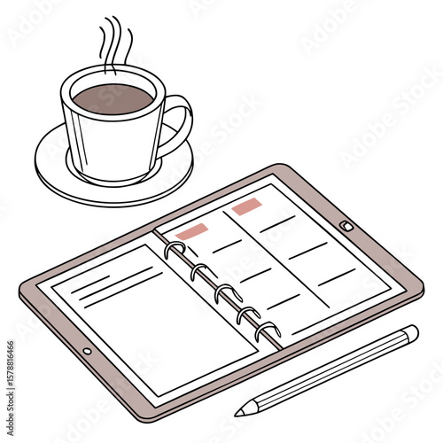 A warm cup of coffee sits next to an open digital planner with a stylus suggesting a productive and organized morning routine