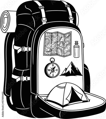 A black and white illustration of a hiking backpack filled with camping and navigation equipment items