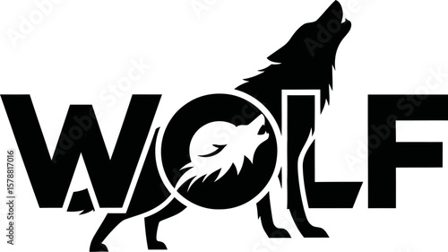 A wolf silhouette howling inside the word wolf with a white background in a minimalist style design
