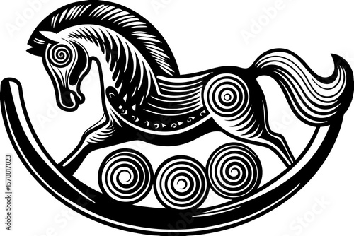 A vintage rocking horse toy with intricate carvings isolated on white background