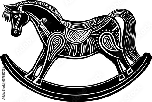 A classic wooden rocking horse toy with saddle isolated on white background