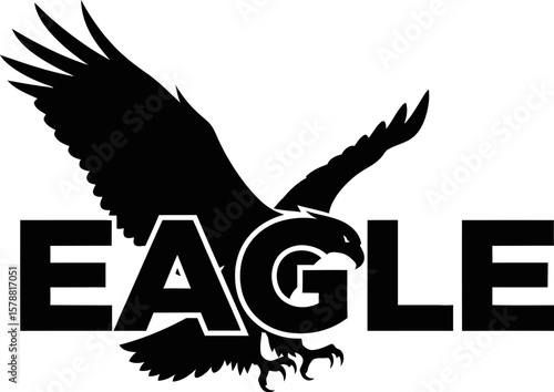 A black silhouette of an eagle with wings spread above the word eagle on a white background