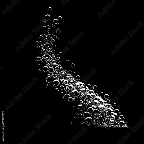 A cascade of white bubbles of varying sizes rising diagonally on a stark black background creating contrast
