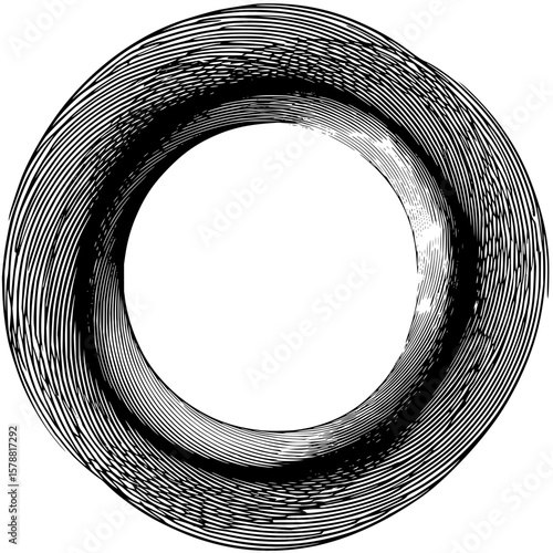 Abstract circular design with dense black lines creating a swirling effect around a central void space