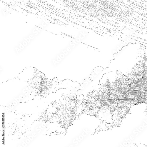 Detailed sketch of a cloudy sky with rain falling in the distance on a bright day with a white background