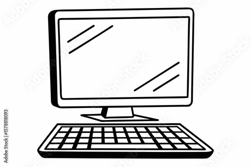 A desktop computer with keyboard isolated on white background is drawn in black