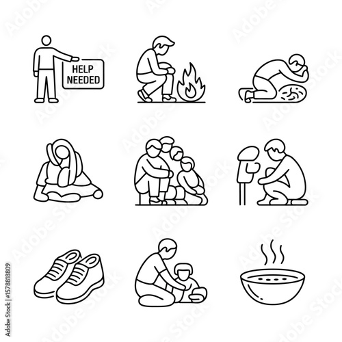 Collection of line art icons representing social issues and aid isolated on white background