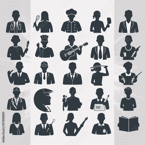 Collection of diverse professional occupation silhouettes isolated on white background