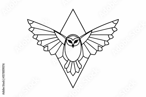 Geometric owl with spread wings isolated on white background in line art