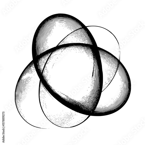 Abstract black and white graphic rendering of three overlapping circles with varying line thicknesses