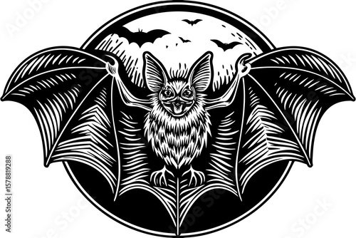 A bat is flying in front of the moon