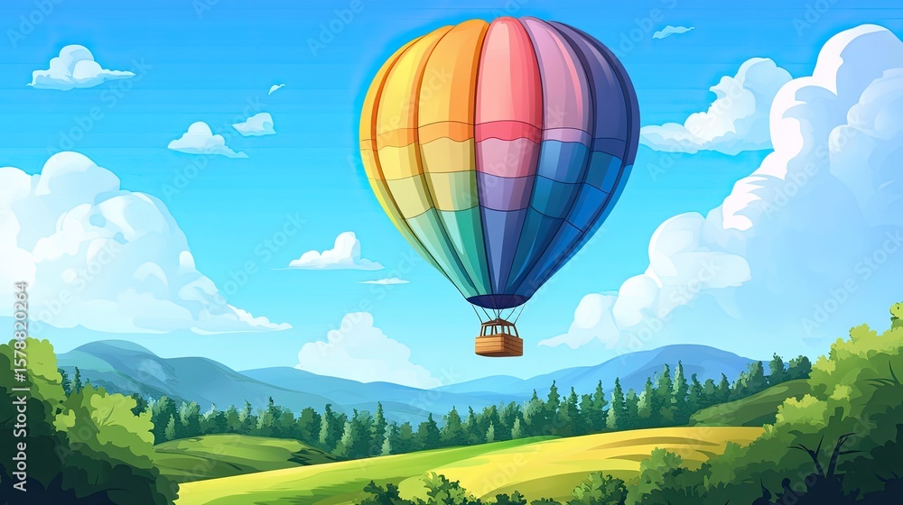 Naklejka premium A vibrant hot air balloon gracefully floats in a clear blue sky.