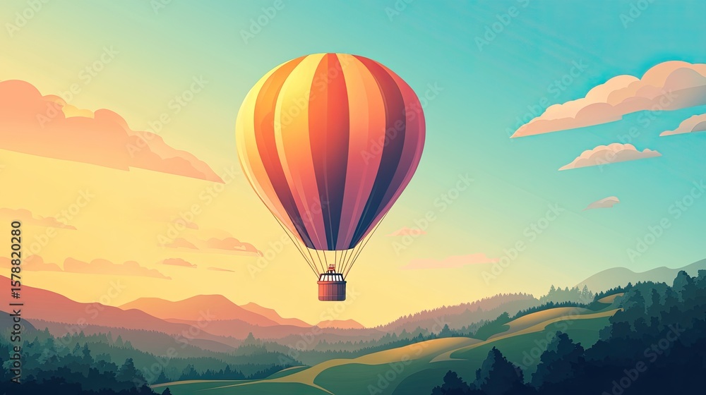 Fototapeta premium A vibrant hot air balloon gracefully floats across a serene sky in the stock photo.