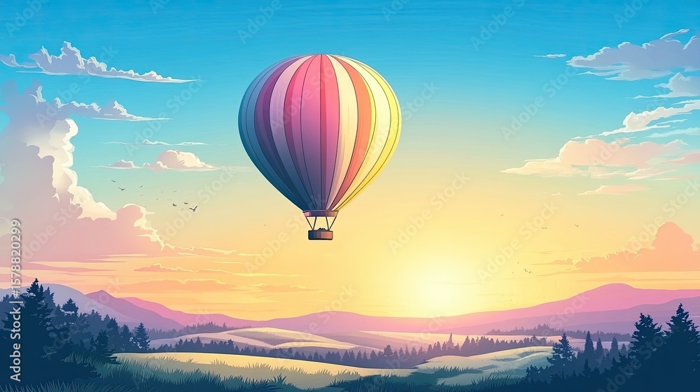 Fototapeta premium A hot air balloon floats gracefully in a clear blue sky.