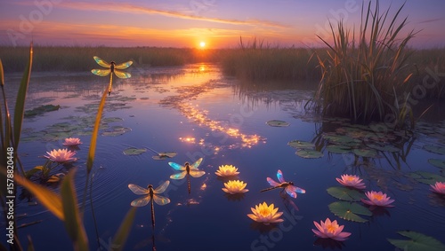 Dragonflies and Water Lilies at Sunset Reflecting in a Calm Pond
