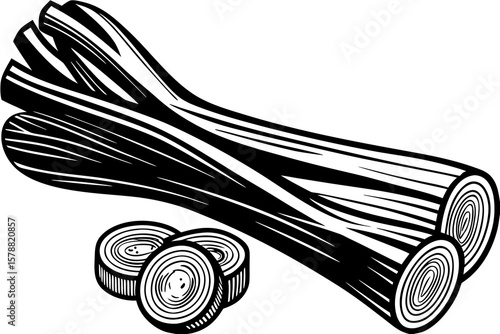 Black and white illustration of leeks isolated on white background
