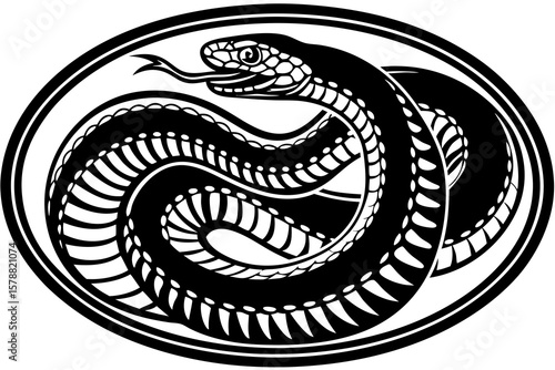 A coiled snake with its tongue out is inside an oval