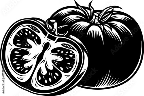 A sliced tomato isolated on white background in a black and white style