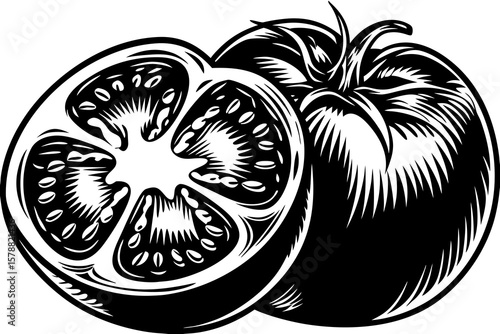 A sliced tomato isolated on white background in a black and white style