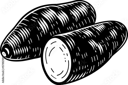 A sliced taro root vegetable is shown in a black and white illustration