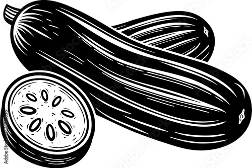 Black and white vector illustration of zucchinis isolated on white background