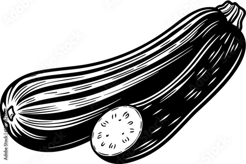 Black and white vector illustration of a zucchini isolated on white background