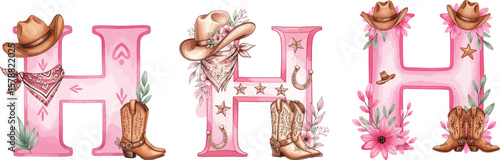 Pink Western Letter H with Cowgirl Hats and Boots - Watercolor Illustration Set

Monogram H - Cute Rodeo Style Alphabet with Bandana and Horseshoes