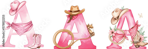 Pink Western Letter A with Cowgirl Hat and Boots - Watercolor Illustration