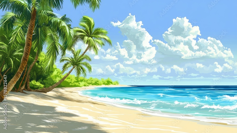 The stock photo shows a vibrant tropical beach scene with a prominent palm tree. The stock photo shows a vibrant tropical beach scene with a prominent palm tree.