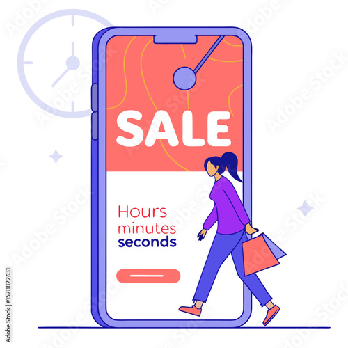 A woman with shopping bags walks past a smartphone displaying a sale announcement with a countdown timer for hours minutes and seconds