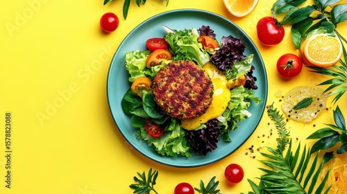 Wallpaper Mural Delicious veggie burger on a bed of fresh greens and cherry tomatoes, dressed with a creamy yellow sauce, vibrant yellow background. Torontodigital.ca