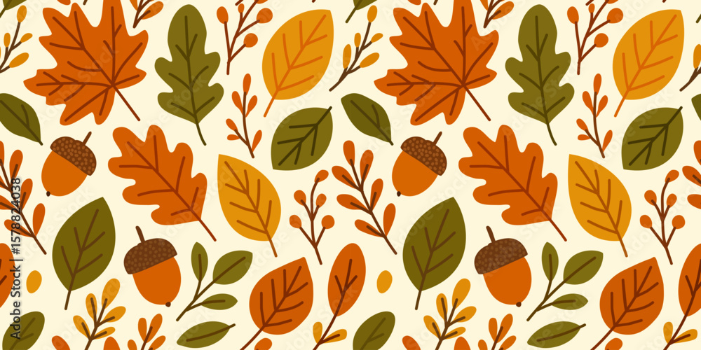 Vector seamless pattern with bright autumn leaves and acorns on white background