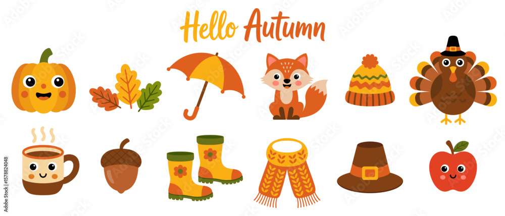 Obraz premium Collection of cute autumn icons including pumpkin, fox, turkey, umbrella, hat, scarf, boots, and warm drink, vector illustrations