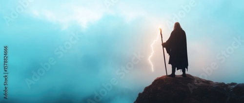 Mystical figure on rocky outcrop