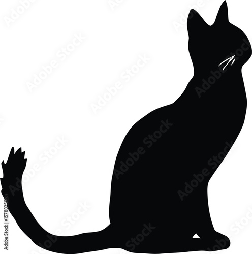 Minimalist Cat Silhouette Featuring Upright Sitting Pose, Extended Tail Curve, and White Whisker Detail Representing Feline Grace, Calm Observation, and Quiet Mystery in Elegant Graphic Design
