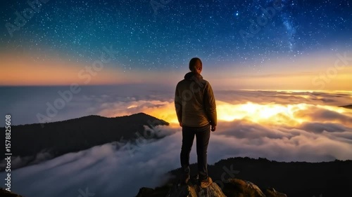 A person standing on top of a mountain observes celestial bodies and sea of fog, showcasing a scenic landscape and adventure.
