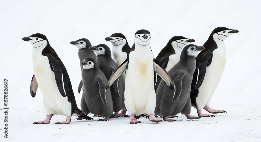 Obraz premium 南極 群れ歩くペンギン 白い雪景色 輝く太陽光. AI Generated