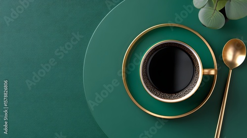Elegant Flatlay of Black Coffee Cup with Gold Spoon on Green Textured Surface