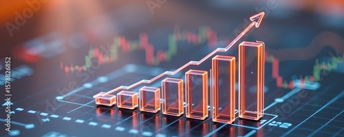 macro icon of transparent 3d financial growth chart with stock market candlestick bars.