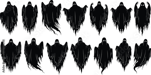 Ghost silhouette collection, Halloween spirit illustration, spooky paranormal design, creepy phantom artwork, vector icon set, black and white graphic, eerie vibe