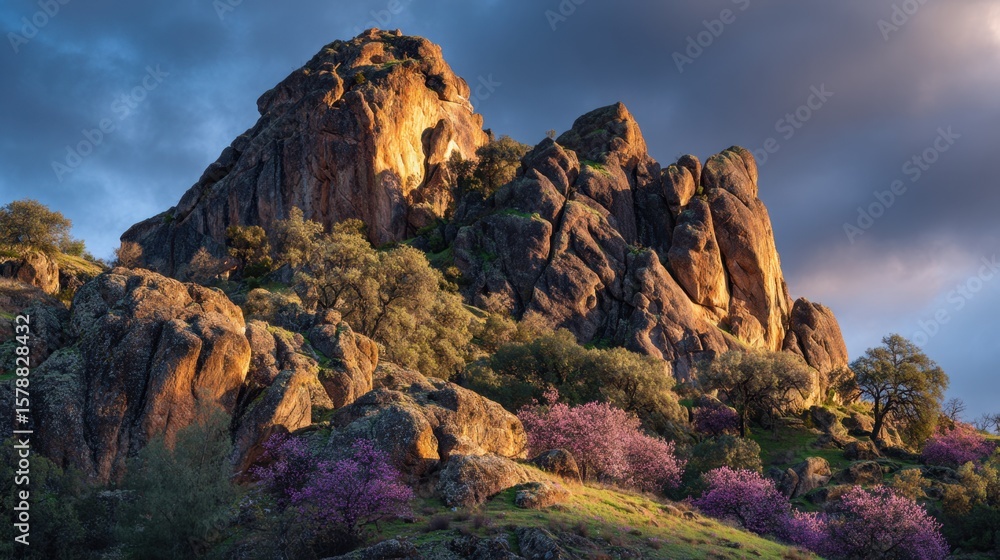 Obraz premium Breathtaking sunset over rocky landscape with blossoming trees nature photography outdoor serenity scenic viewpoint
