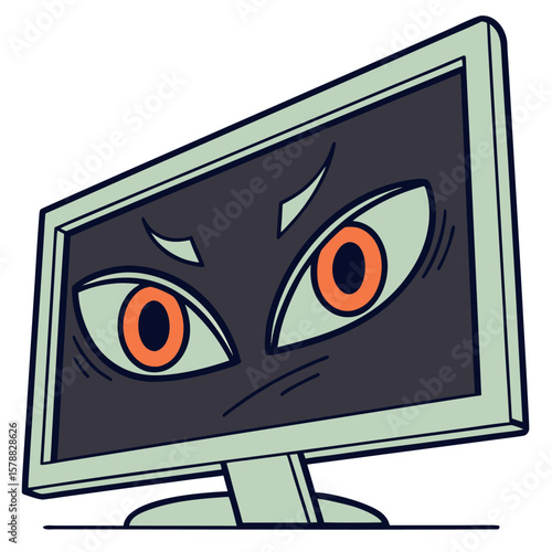 A stylized cartoon illustration of a computer monitor with large expressive angry eyes and a menacing stare conveying a sense of digital surveillance or a hostile online presence