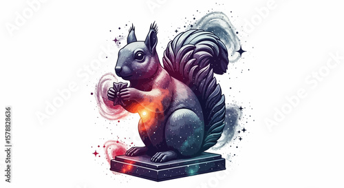 Vector watercolor squirrel art print with galaxy background and nut illustration for home decor design