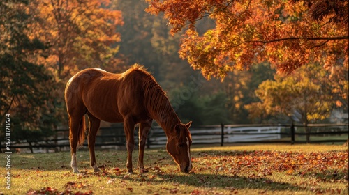 Grazing horse in autumn landscape rural farm nature photography warm evening light tranquil scene