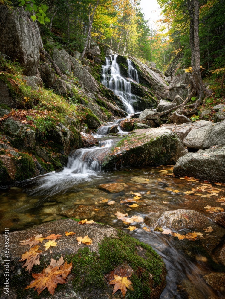 Obraz premium Serene waterfall cascading through autumn foliage in a rocky landscape nature photography tranquil environment