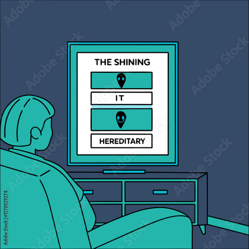 A person sits in a chair watching a television screen displaying a list of horror movie titles including the shining it and hereditary
