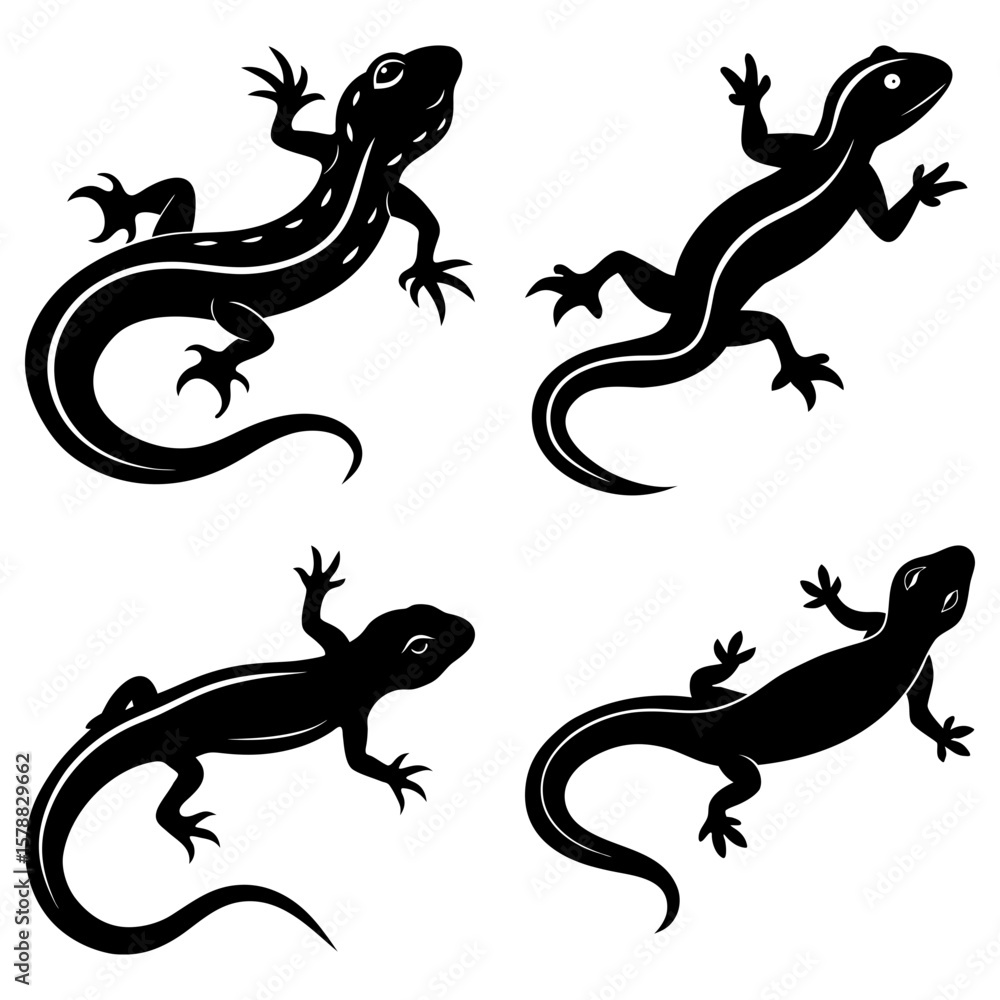 Naklejka premium Four black lizards with curled tails and small feet arranged on a white background design element