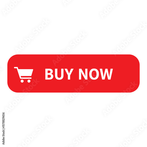 A vibrant red buy now button with a shopping cart icon, isolated on white background, prompts users to make an online purchase