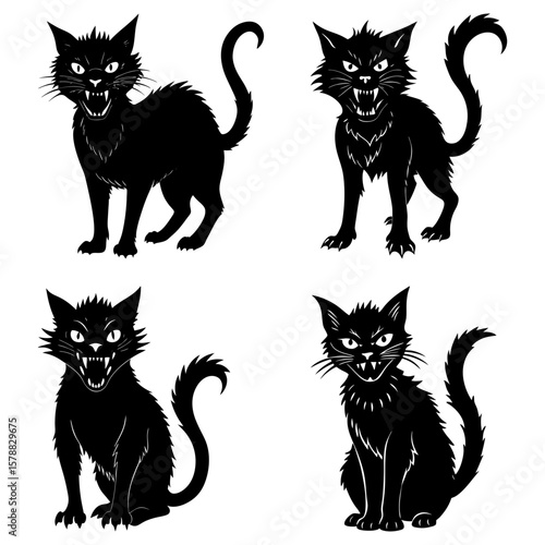 Four black cats with arched backs hissing and showing teeth on a white background in a vector image
